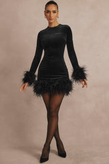 Round-Neck Long-Sleeve Ostrich-Feather Velvet Dress