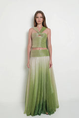 Halter Bandeau-Style Ombre Cropped Top and Mid-to-High Rise Maxi Skirt Set