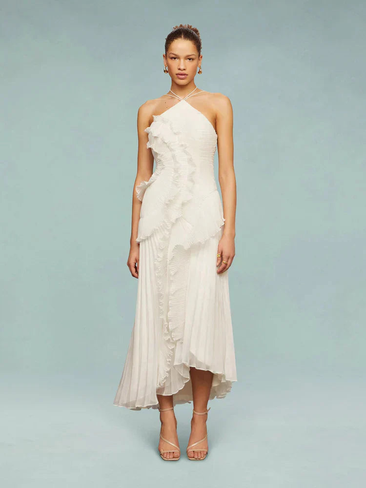 Double Tie Design Halter Spaghetti Strap  Ruched Asymmetrical Hem Dress