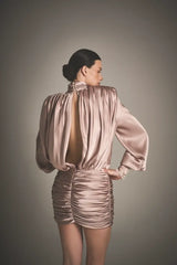 Satin ruched long-sleeve backless dress