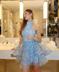 Tank High-Neck Tie-Up Organza Printed Tiered Dress