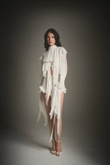 Cape Ruffle Collar Long-Sleeve Top & Shorts Set