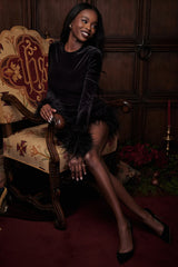 Round-Neck Long-Sleeve Ostrich-Feather Velvet Dress