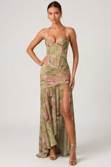 Halter-Strap Corset-Style Printed High-Slit Dress