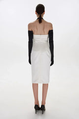 Halter Black-and-White Paneled Satin Midi Dress