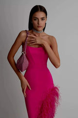 Strapless Feather-Trim Side-Slit Bodycon Dress