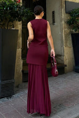 Vest-Style V-Neck Top & Mesh-Panel Skirt Set